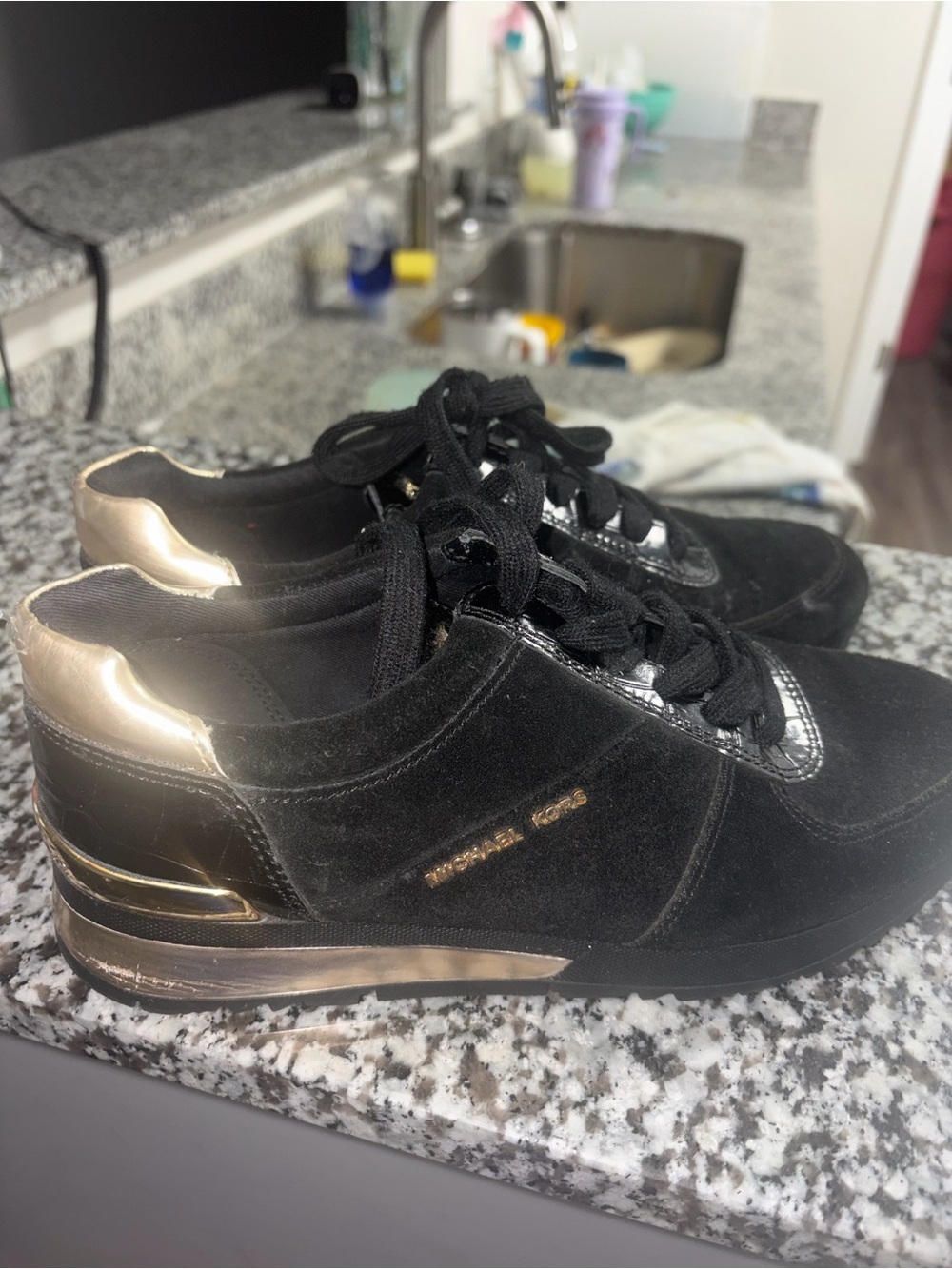 Michael Kors Black Suede Sneakers with Gold Accents